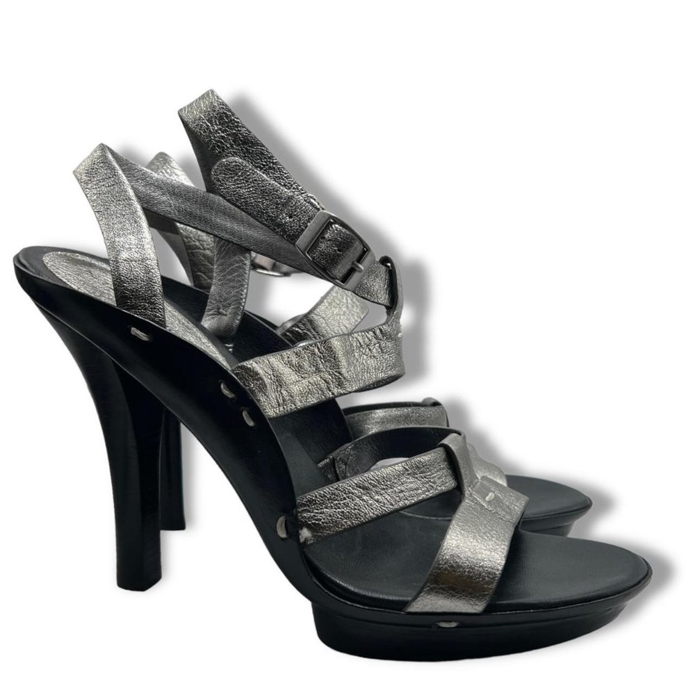 High Heeled Silver Leather Platform Strappy Sandals Pumps Via Spiga Dress Shoes